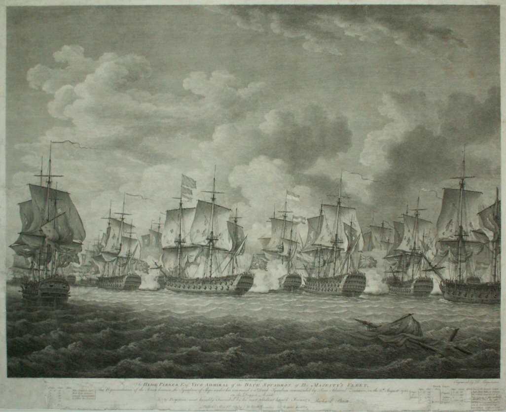 Print - To Hyde Parker Esqr Vice Admiral of the Blue Squadron of His Majesty's Fleet. This Representation of the Action between the Squadron of ships under his command & a Dutch Squadron Commanded by Rear Admiral Zoutman, on the 5th August 1781 on the Dogger Bank, Is (by Permission) most humbly Inscribed by his most obedient humble Servany, Richard Paton. - Lerpiniere